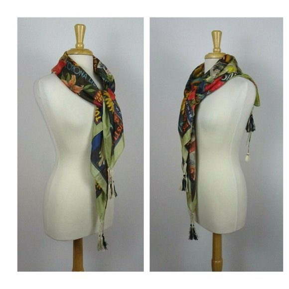 New JOHNNY WAS Crate Silk Tassel Scarf Green Multicolor Colorful Print Floral - Picture 4 of 13